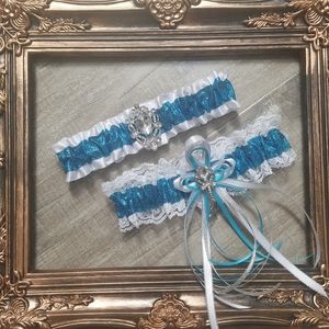 2 Beautiful Glitter Turquoise Wedding Garters Set
